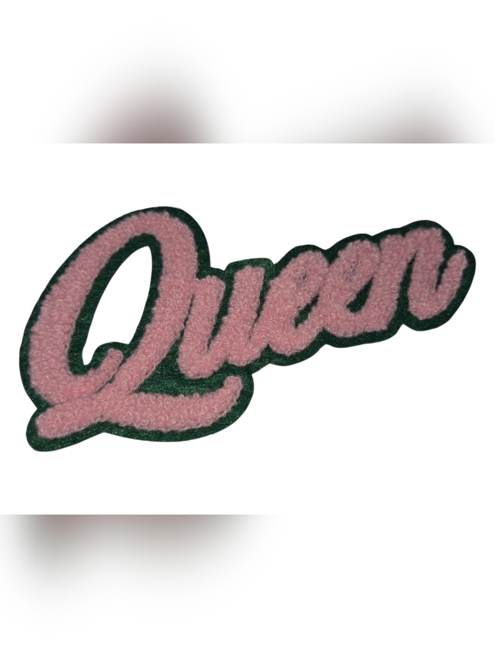 Pink "Queen" Chenille Patch with Dark Green Border 5pc Lot